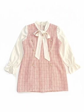 Pink Tweed Mini Dress with Ivory Bow Neck